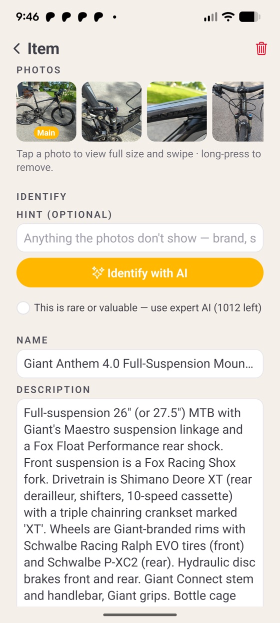 Item screen with the bike identified — AI-filled name, description and value