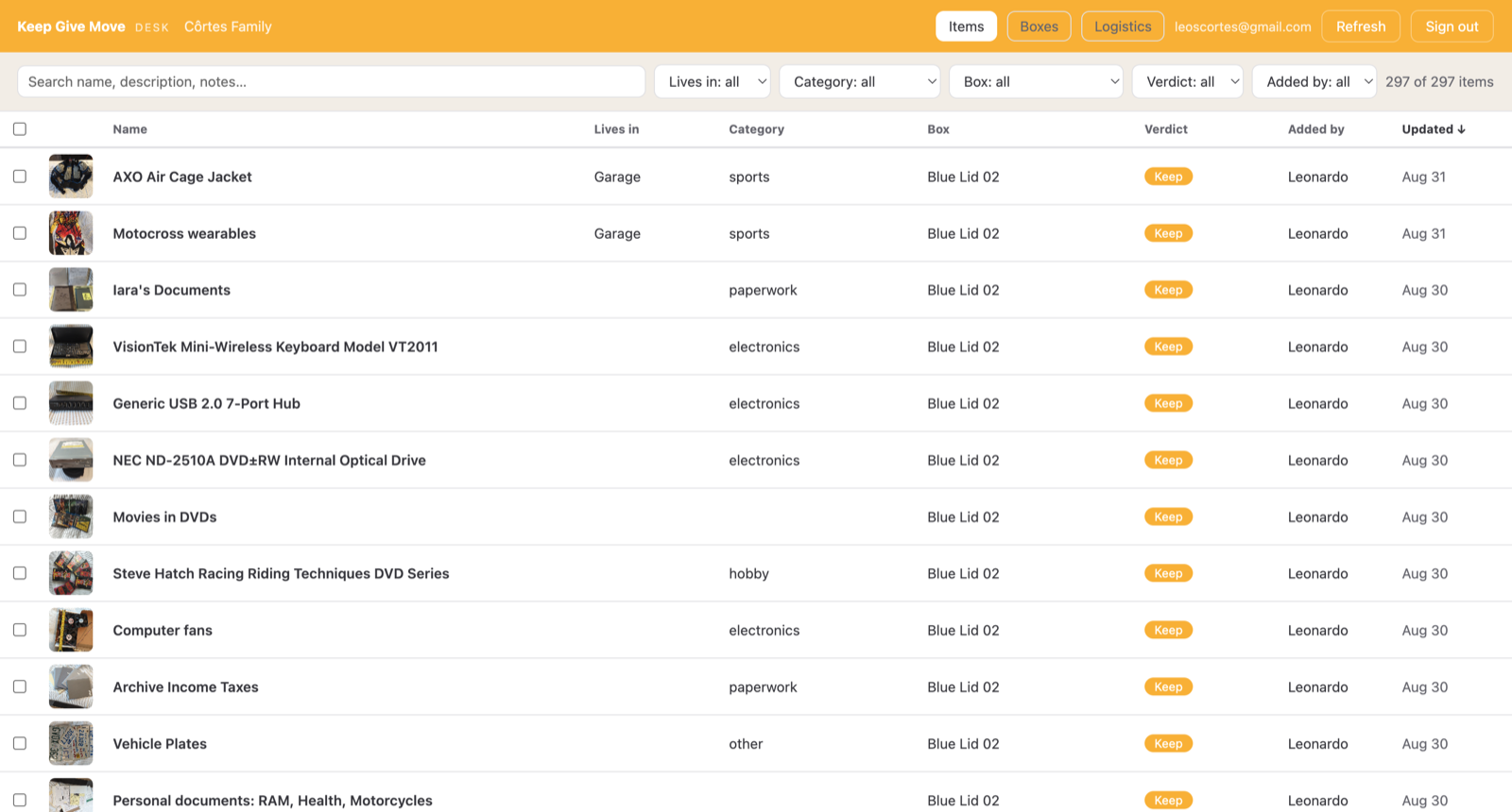 The Desk in a browser: the family's whole inventory in one table, with filters and verdicts