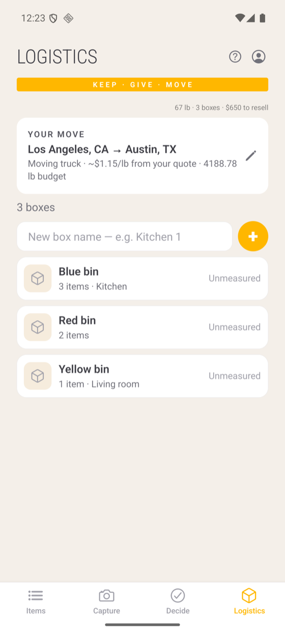 Logistics screen with three named boxes and the move summary