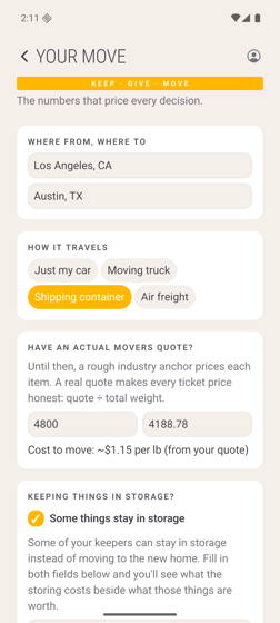 Your Move screen with route, transport and movers' quote